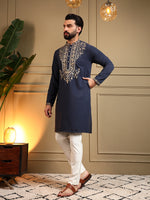 Thumbnail for Jyoti Fashion Men's Navy Blue Armani Lachka Sequins Embroidered Kurta with Pajama - Distacart