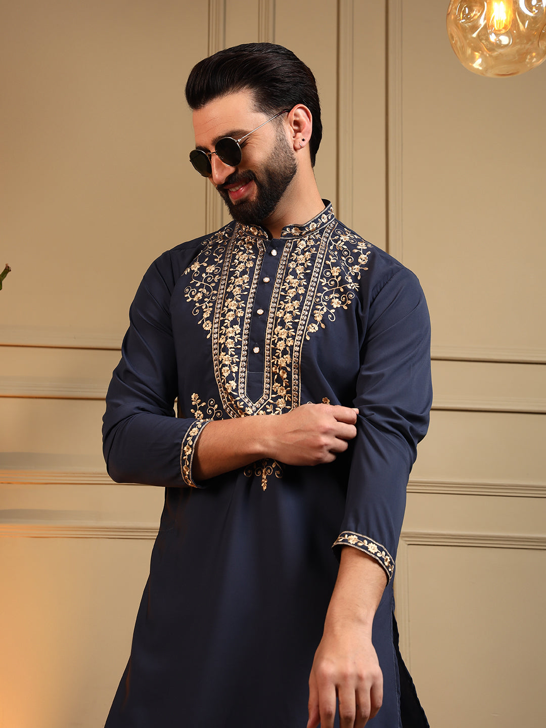 Jyoti Fashion Men's Navy Blue Armani Lachka Sequins Embroidered Kurta with Pajama - Distacart