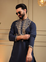 Thumbnail for Jyoti Fashion Men's Navy Blue Armani Lachka Sequins Embroidered Kurta with Pajama - Distacart