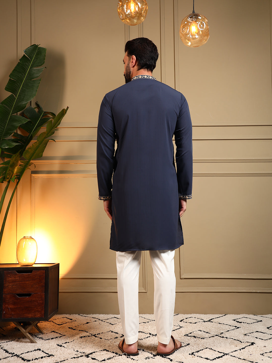 Jyoti Fashion Men's Navy Blue Armani Lachka Sequins Embroidered Kurta with Pajama - Distacart
