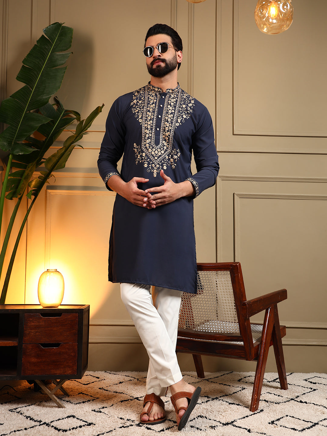 Jyoti Fashion Men's Navy Blue Armani Lachka Sequins Embroidered Kurta with Pajama - Distacart
