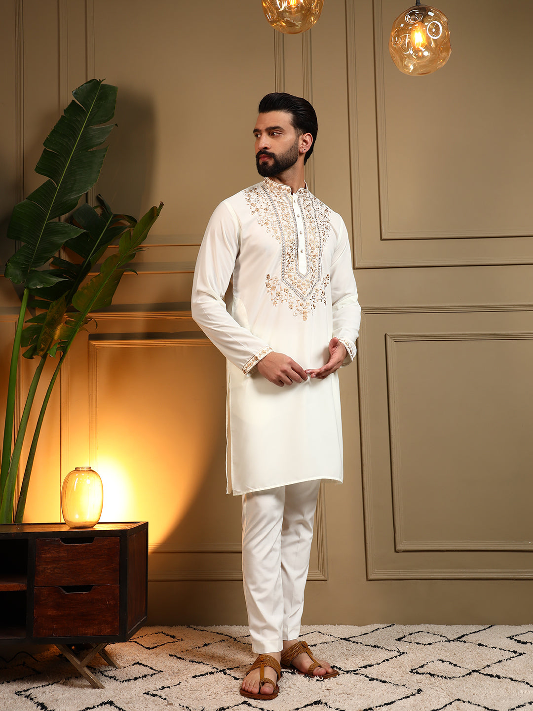 Jyoti Fashion Men's White Armani Lachka Sequins Embroidered Kurta with Pajama - Distacart