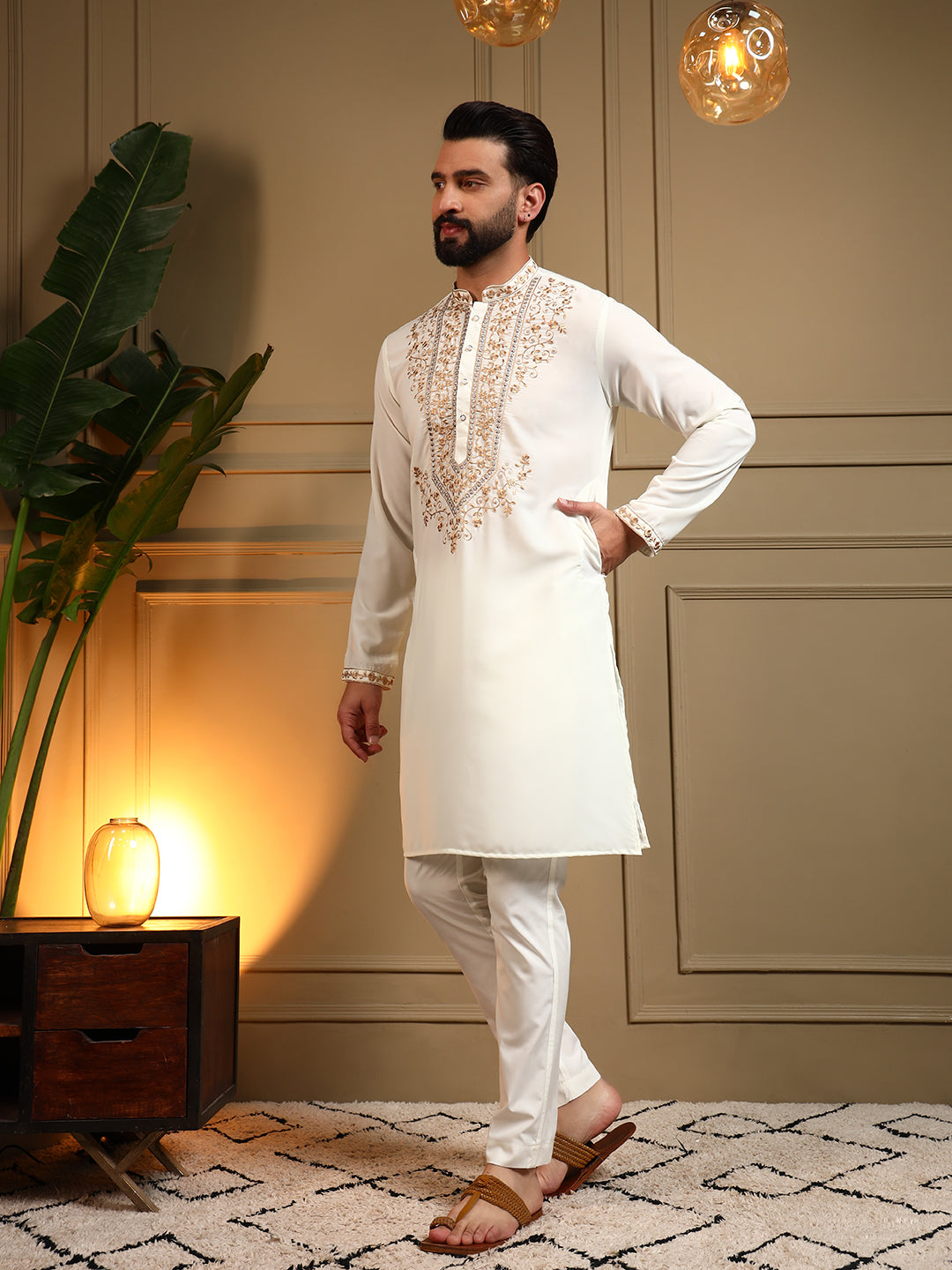 Jyoti Fashion Men's White Armani Lachka Sequins Embroidered Kurta with Pajama - Distacart