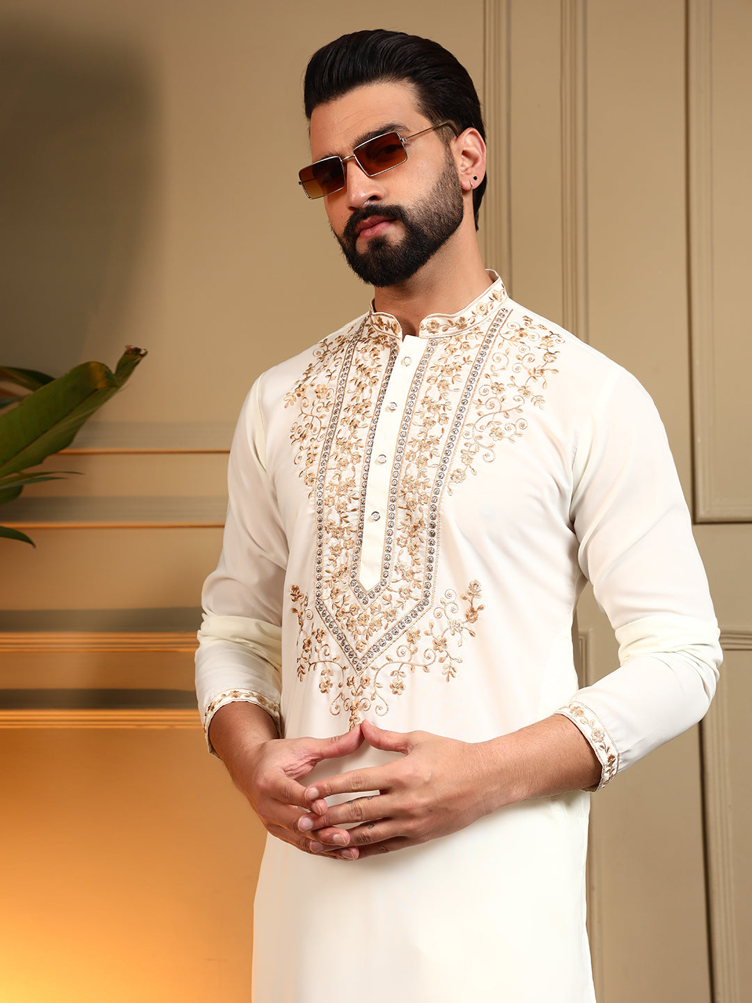 Jyoti Fashion Men's White Armani Lachka Sequins Embroidered Kurta with Pajama - Distacart