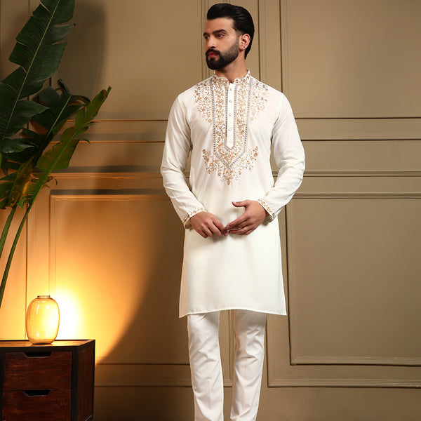Jyoti Fashion Men's White Armani Lachka Sequins Embroidered Kurta with Pajama - Distacart