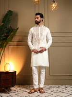 Thumbnail for Jyoti Fashion Men's White Armani Lachka Sequins Embroidered Kurta with Pajama - Distacart