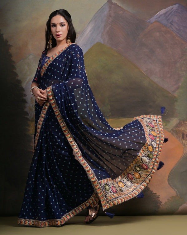 Jyoti Fashion Women's Navy Blue Coding Sequence Georgette Saree with Blouse - Distacart