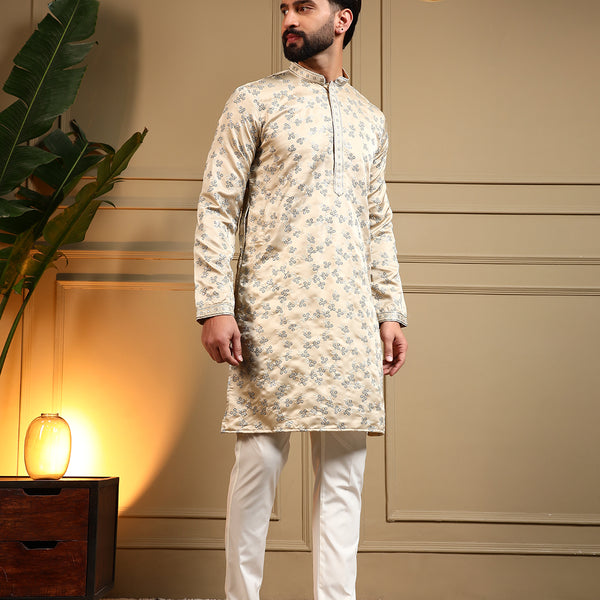 Jyoti Fashion Men's Cream Royal Silk Sequins Embroidered Kurta with Pajama - Distacart