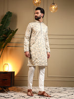 Thumbnail for Jyoti Fashion Men's Cream Royal Silk Sequins Embroidered Kurta with Pajama - Distacart