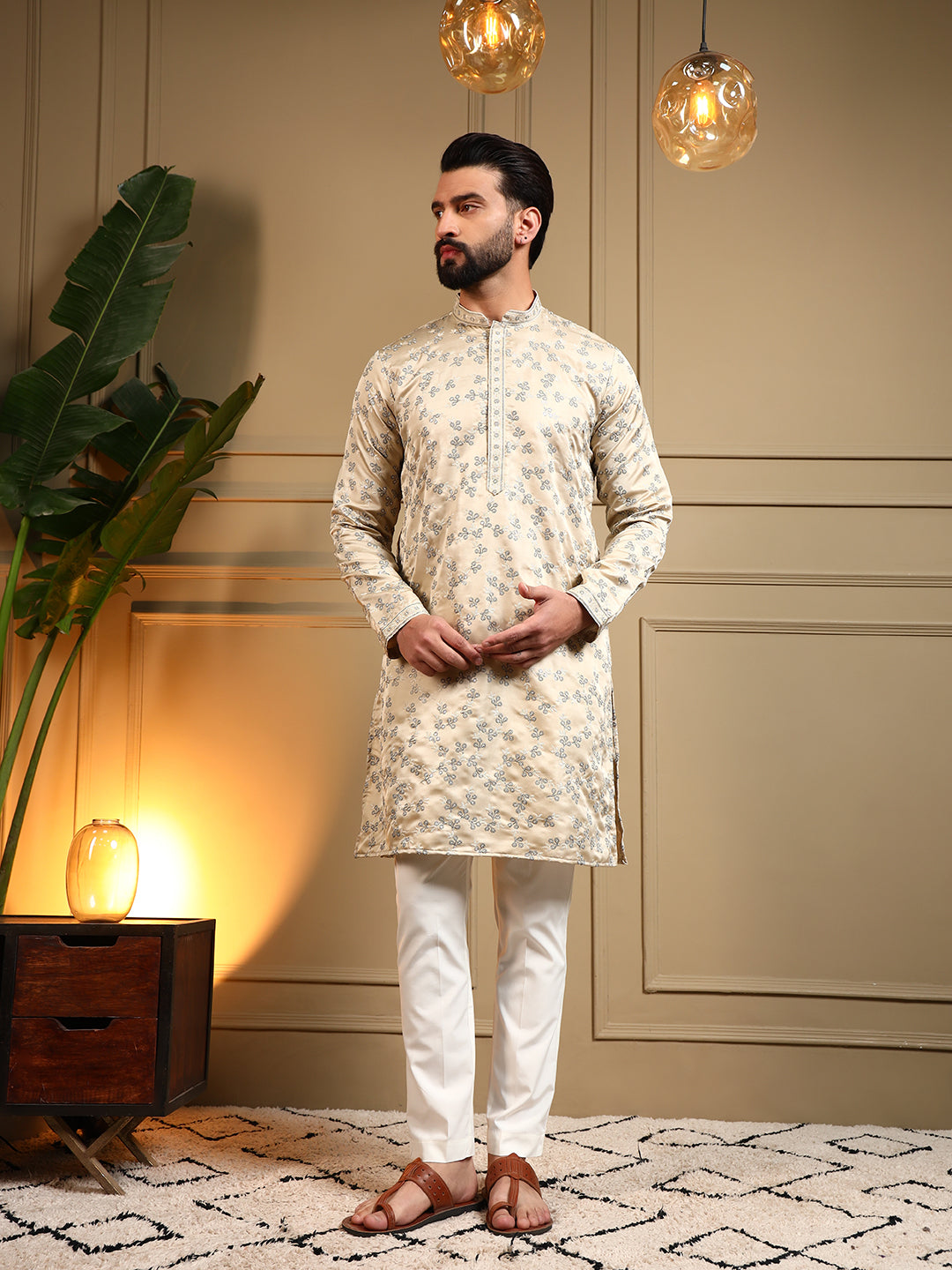 Jyoti Fashion Men's Cream Royal Silk Sequins Embroidered Kurta with Pajama - Distacart