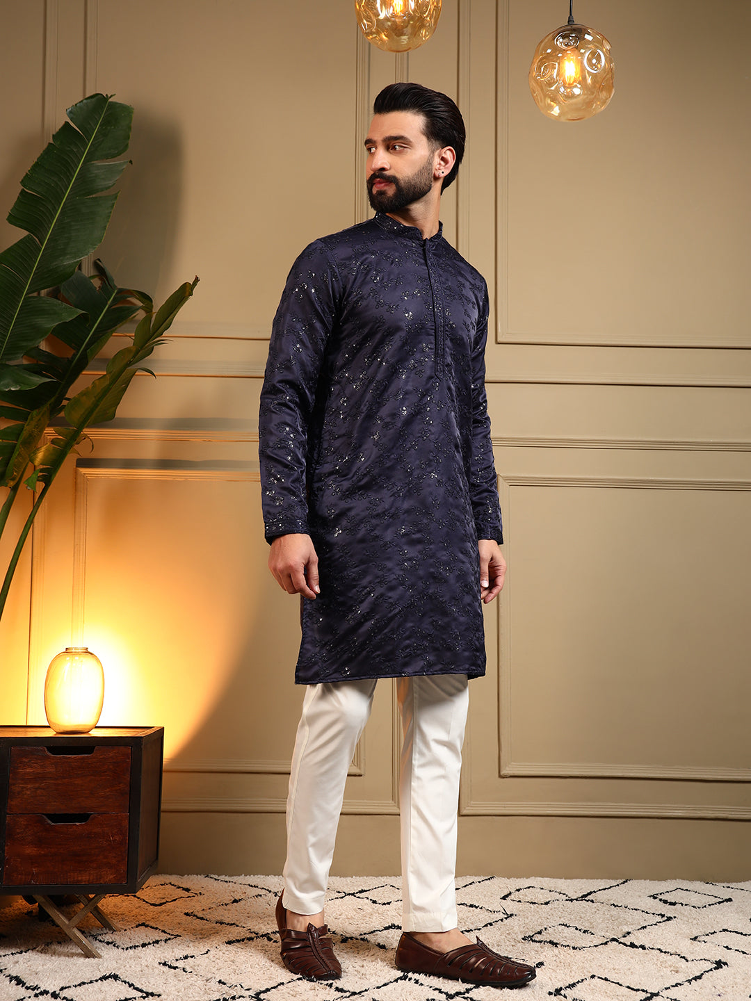 Jyoti Fashion Men's Navy Blue Royal Silk Sequins Embroidered Kurta with Pajama - Distacart
