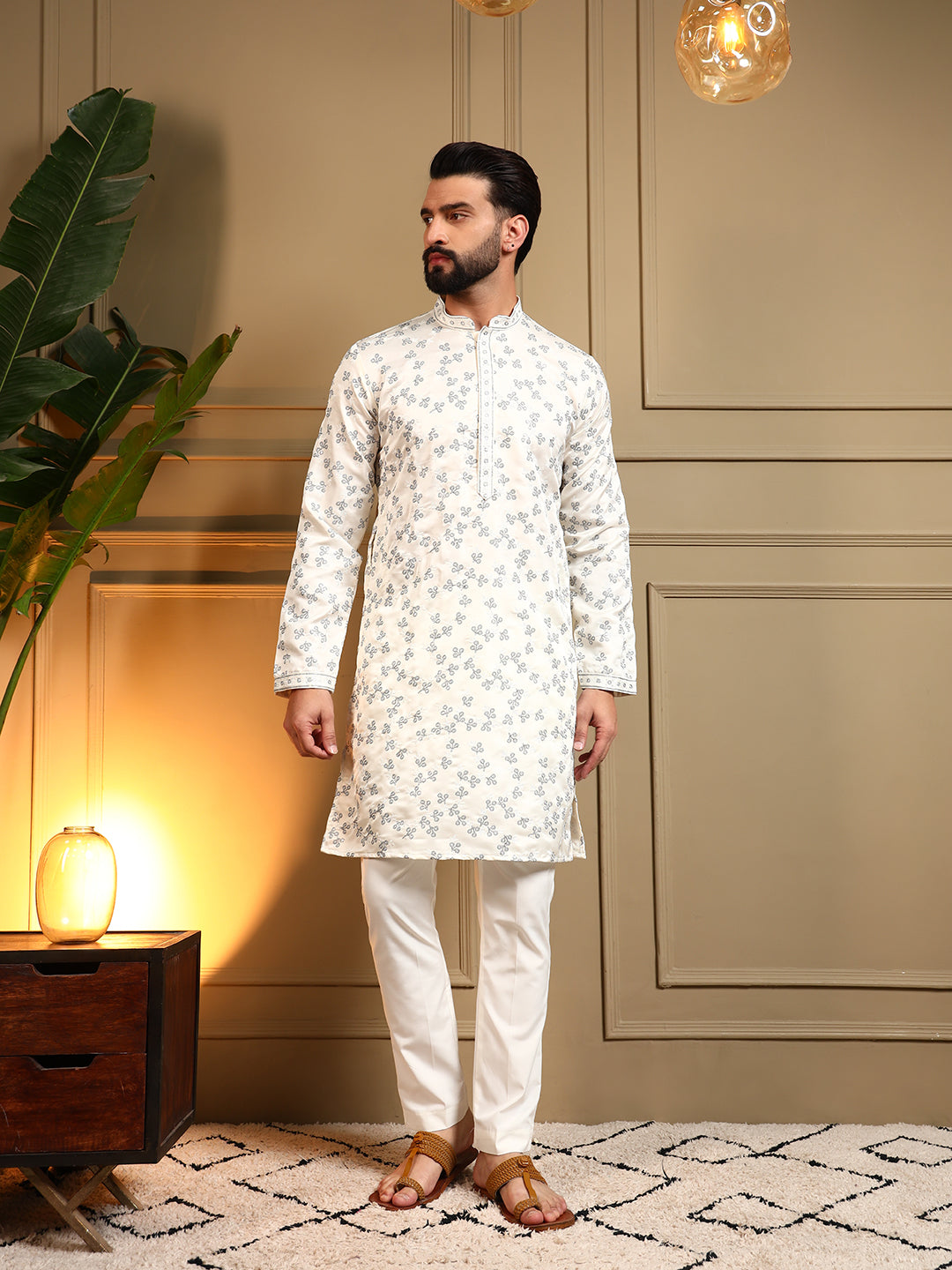 Jyoti Fashion Men's Off White Royal Silk Sequins Embroidered Kurta with Pajama - Distacart