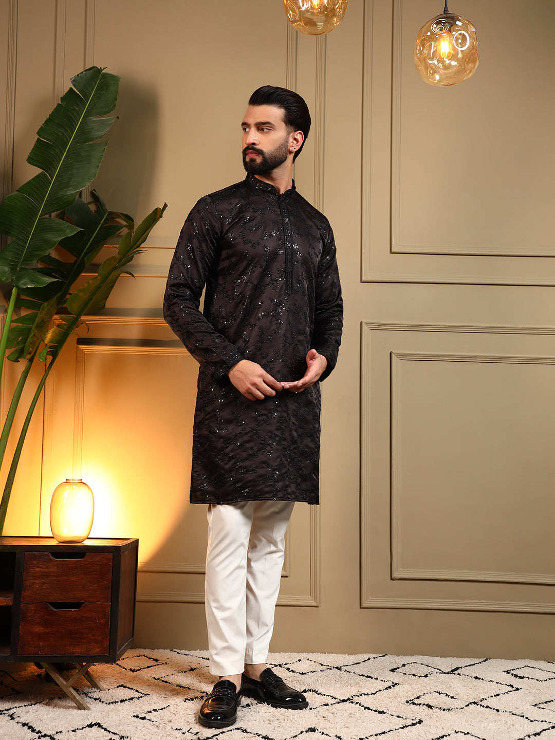 Jyoti Fashion Men's Black Royal Silk Sequins Embroidered Kurta with Pajama - Dista