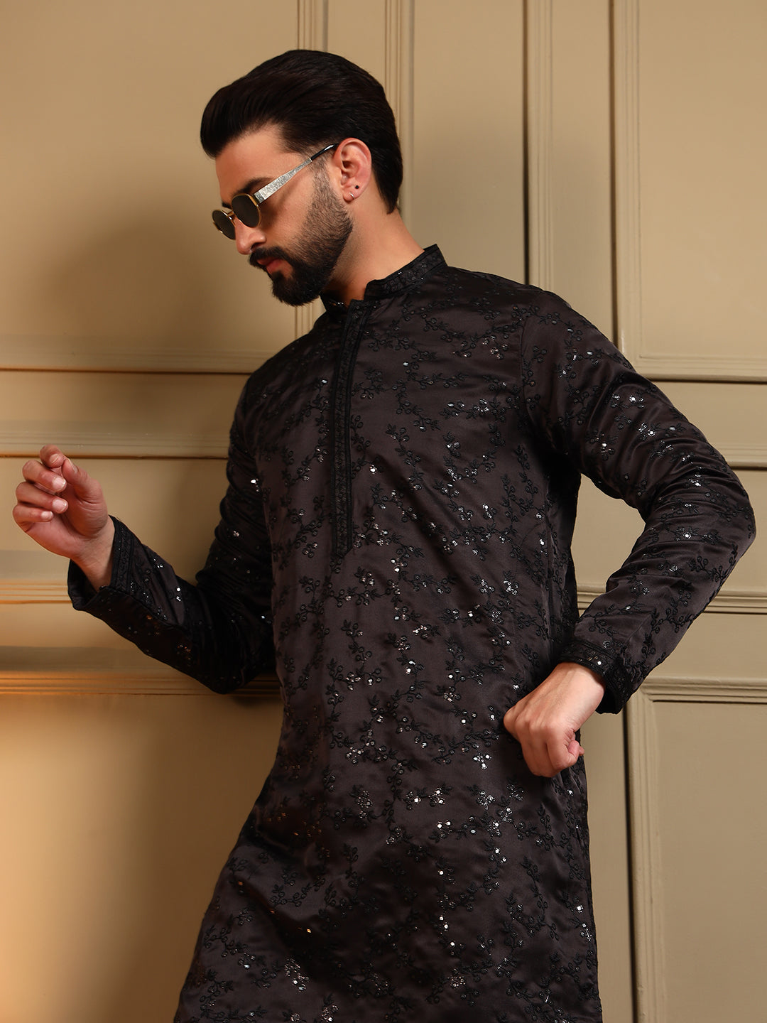 Jyoti Fashion Men's Black Royal Silk Sequins Embroidered Kurta with Pajama - Dista