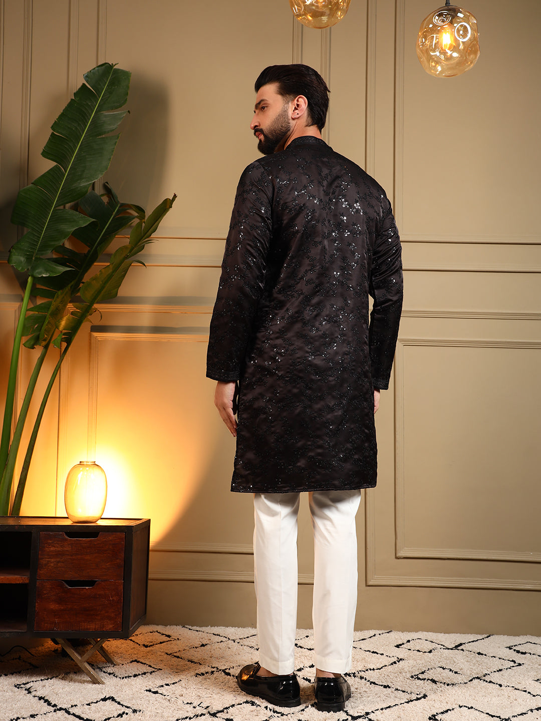 Jyoti Fashion Men's Black Royal Silk Sequins Embroidered Kurta with Pajama - Dista