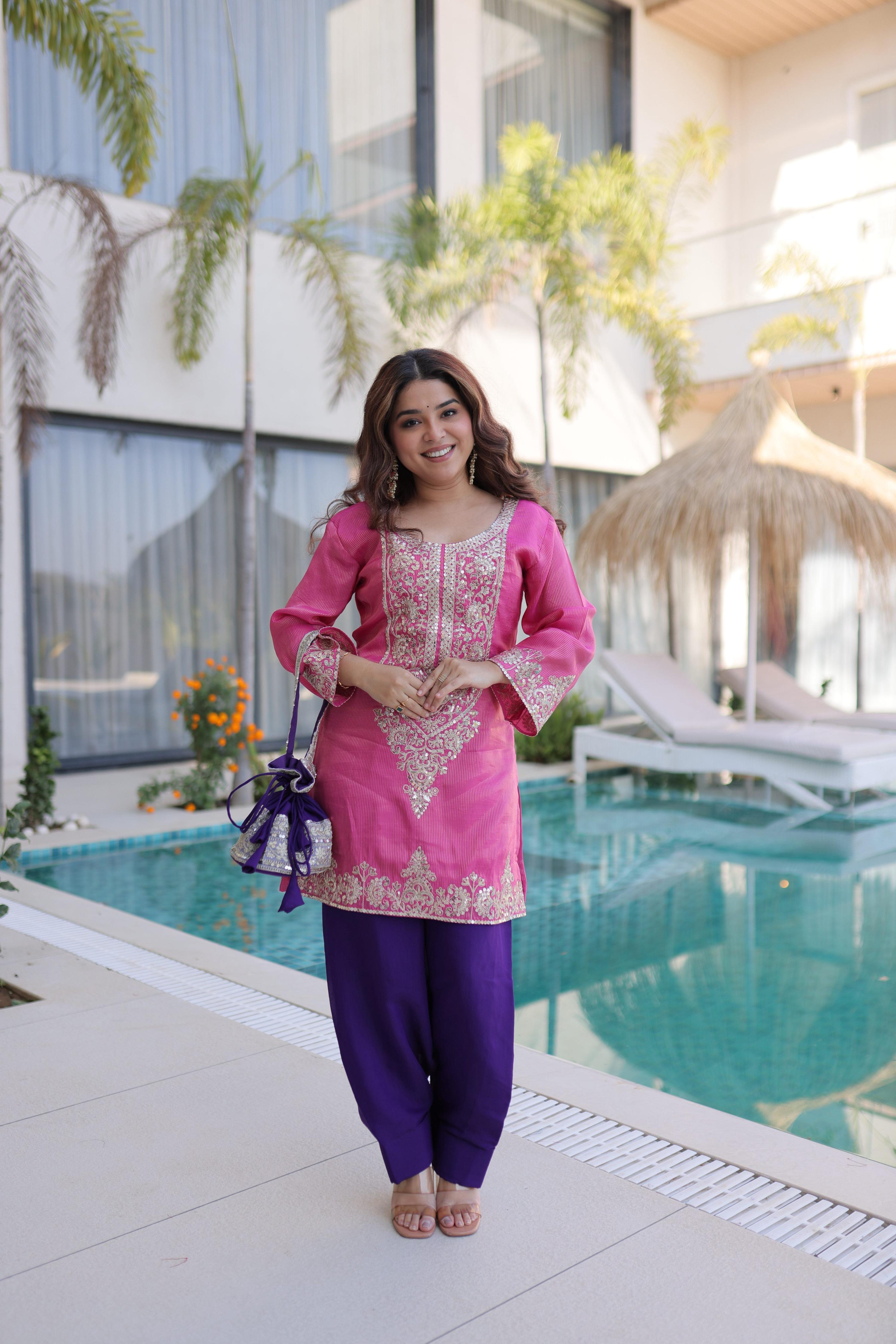 Jyoti Fashion Pink Viscose Embroidered Designer Kurta Set with Batwa - Distacart