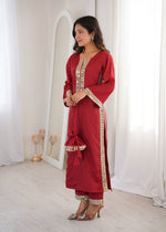 Thumbnail for Jyoti Fashion Maroon Natural Crepe Real Mirror Lace Work Designer Kurta Set with Batwa - Distacart