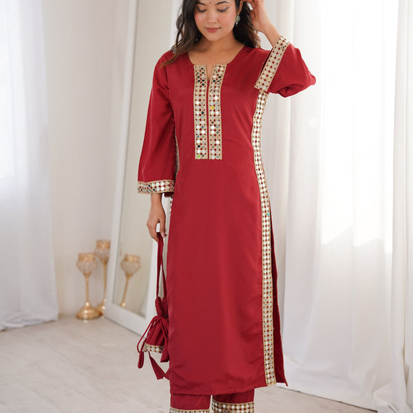 Jyoti Fashion Maroon Natural Crepe Real Mirror Lace Work Designer Kurta Set with Batwa - Distacart