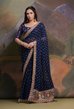 Thumbnail for Jyoti Fashion Women's Navy Blue Coding Sequence Georgette Saree with Blouse - Distacart