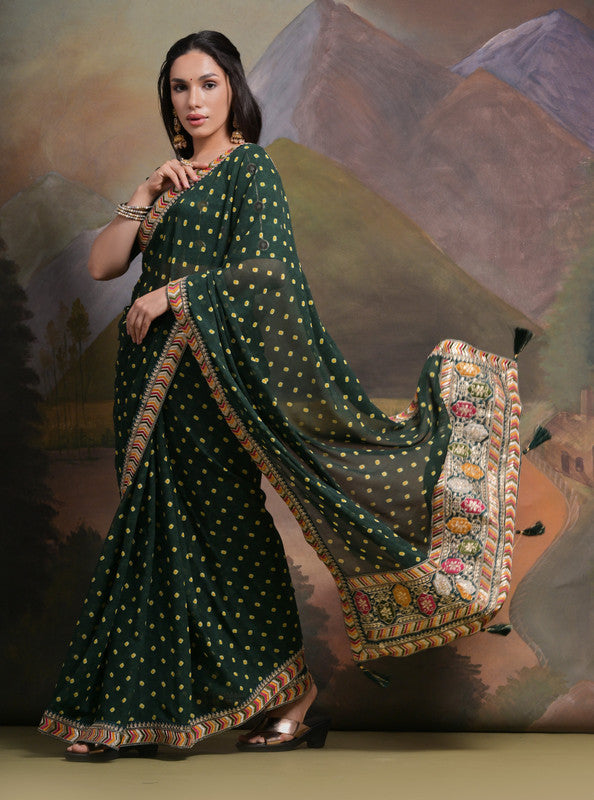 Jyoti Fashion Women's Bottle Green Coding Sequence Georgette Saree with Blouse - Distacart