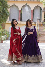 Thumbnail for Jyoti Fashion Maroon & Purple Faux Blooming Embroidered Combo Anarkali Set With Dupatta - Distacart