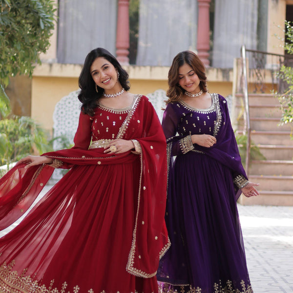 Jyoti Fashion Maroon & Purple Faux Blooming Embroidered Combo Anarkali Set With Dupatta - Distacart