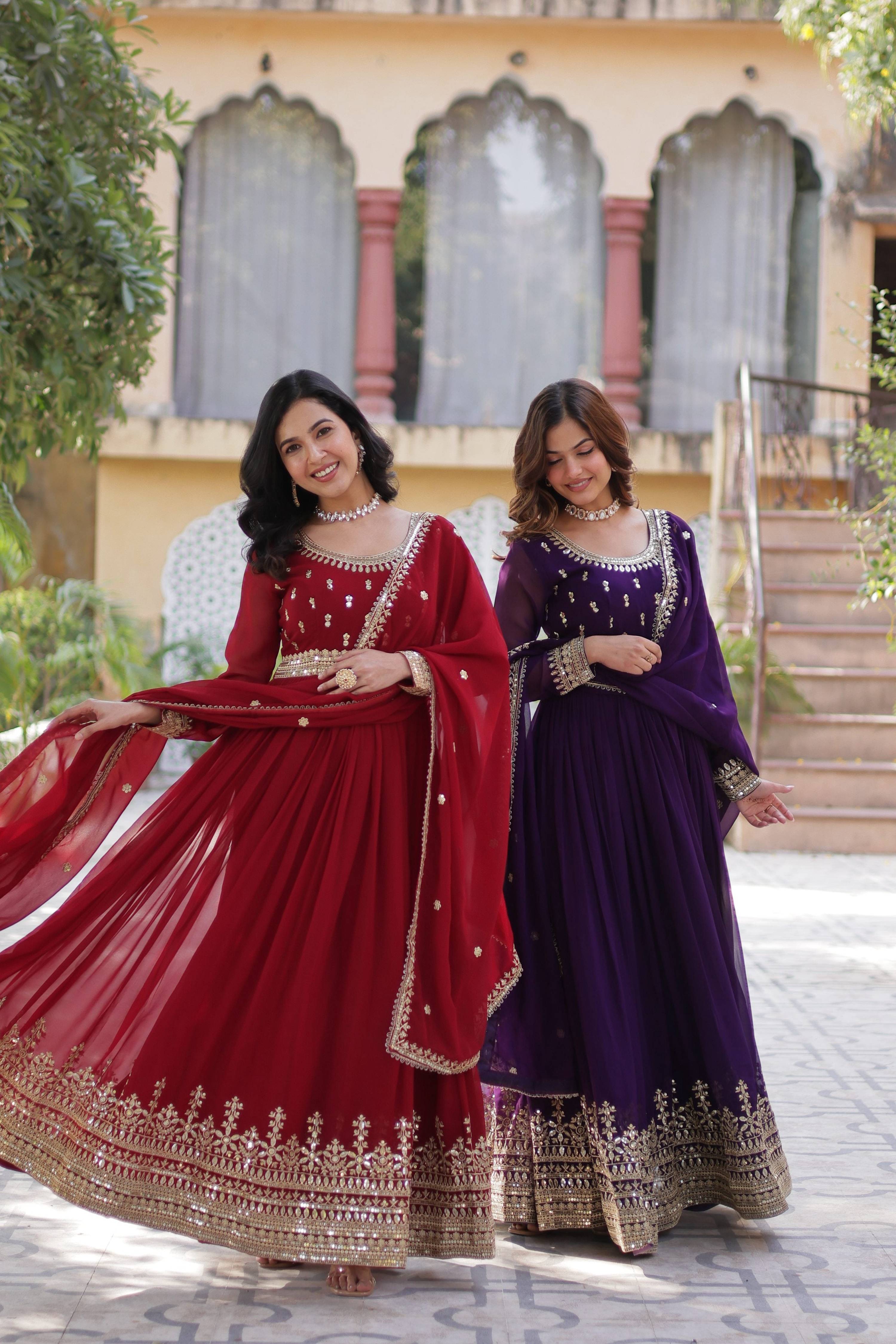 Jyoti Fashion Maroon & Purple Faux Blooming Embroidered Combo Anarkali Set With Dupatta - Distacart