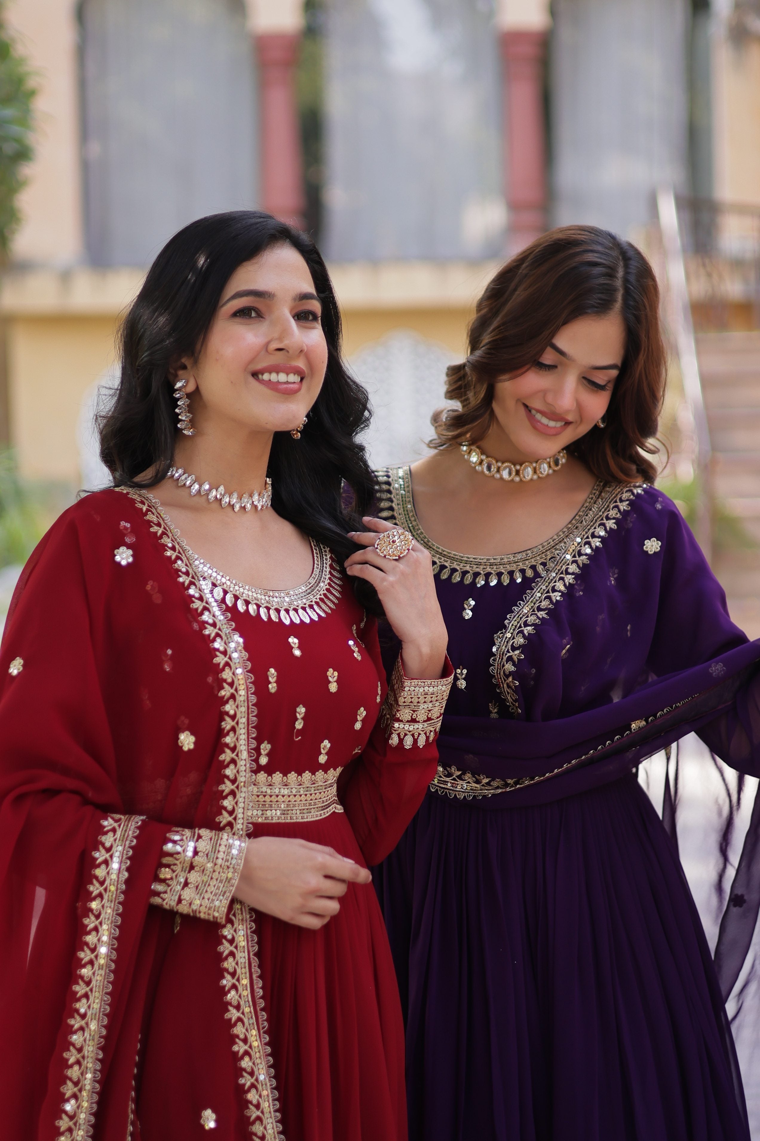 Jyoti Fashion Maroon & Purple Faux Blooming Embroidered Combo Anarkali Set With Dupatta - Distacart