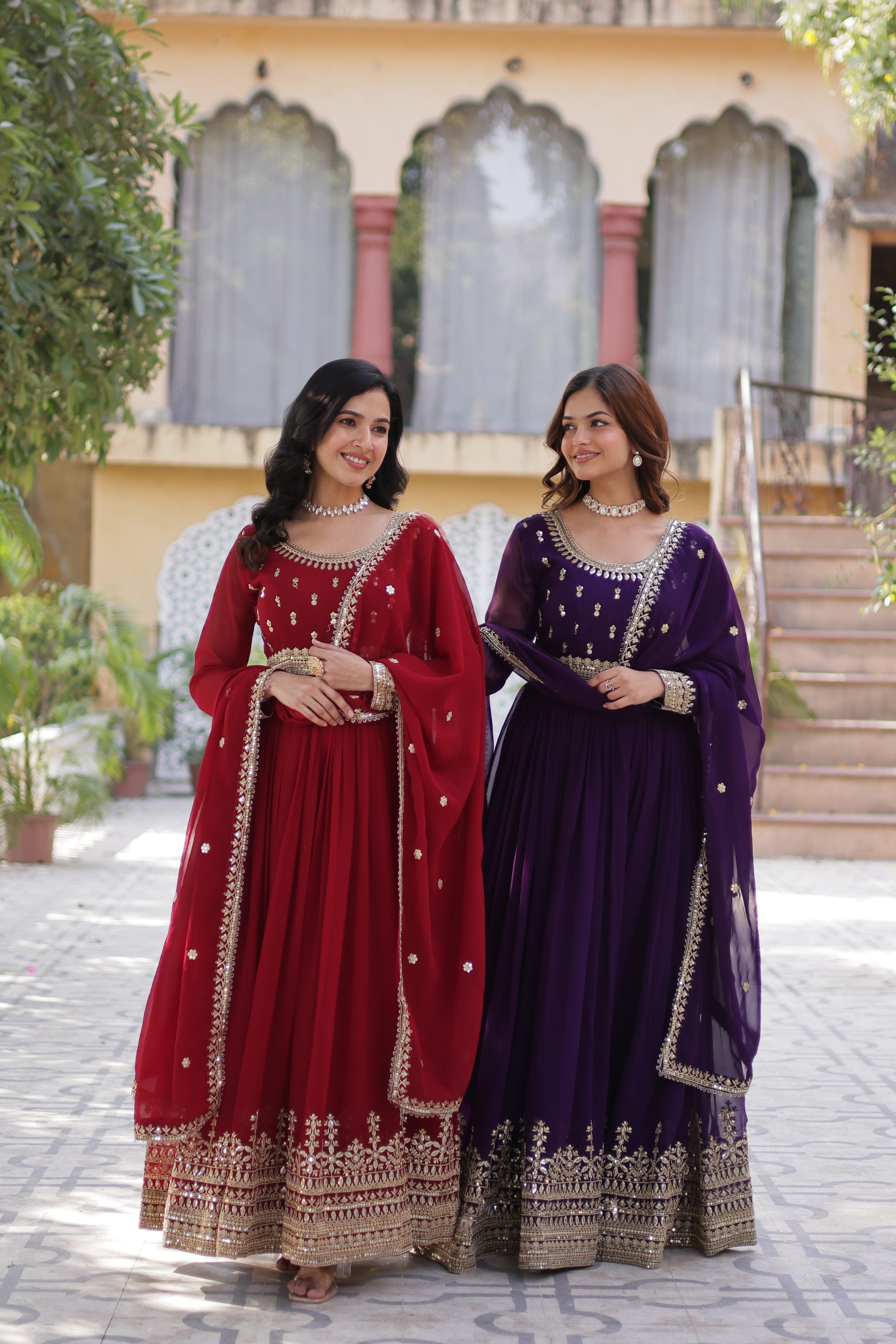 Jyoti Fashion Maroon & Purple Faux Blooming Embroidered Combo Anarkali Set With Dupatta - Distacart