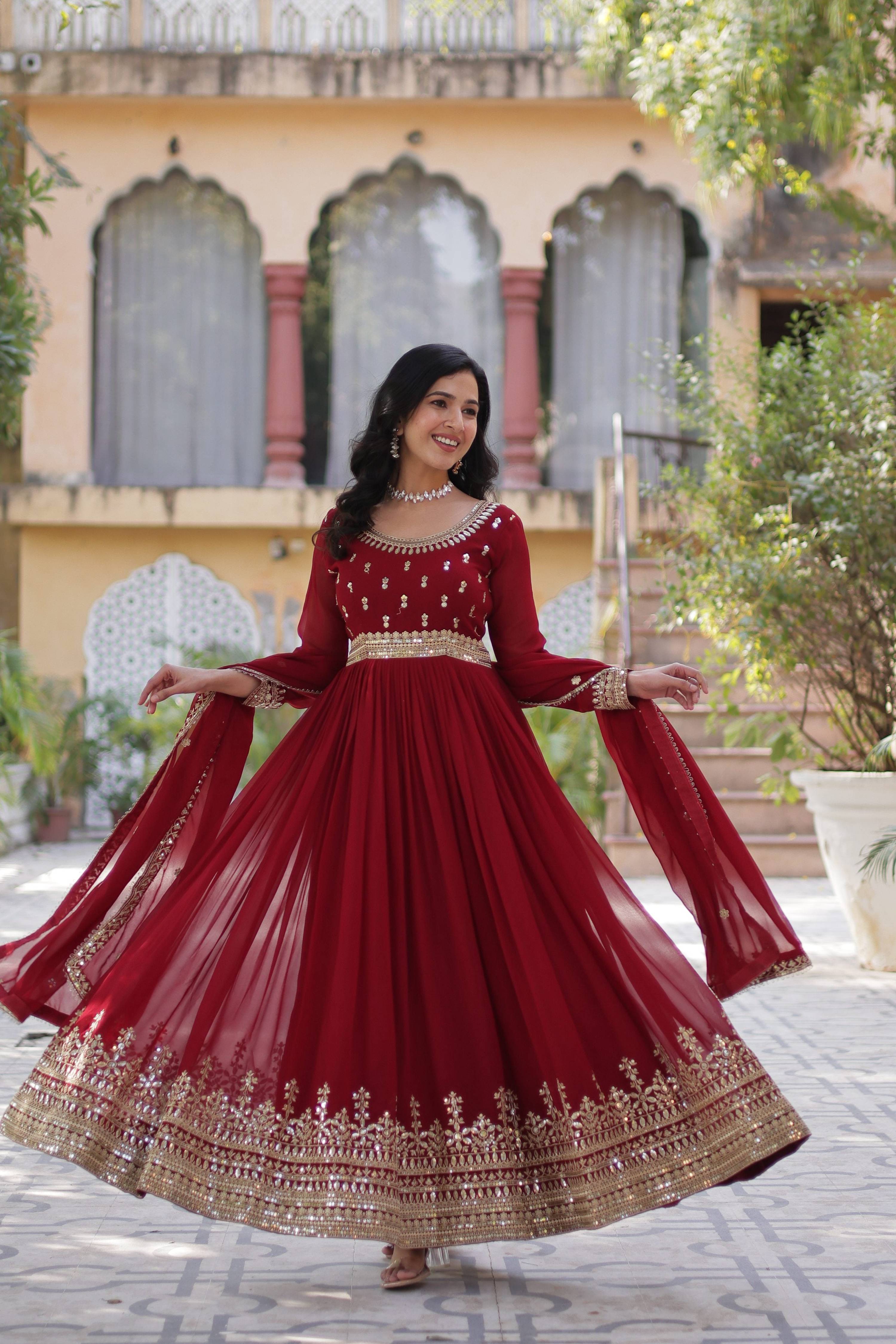 Jyoti Fashion Maroon Faux Blooming Embroidered Anarkali Set With Dupatta - Distacart