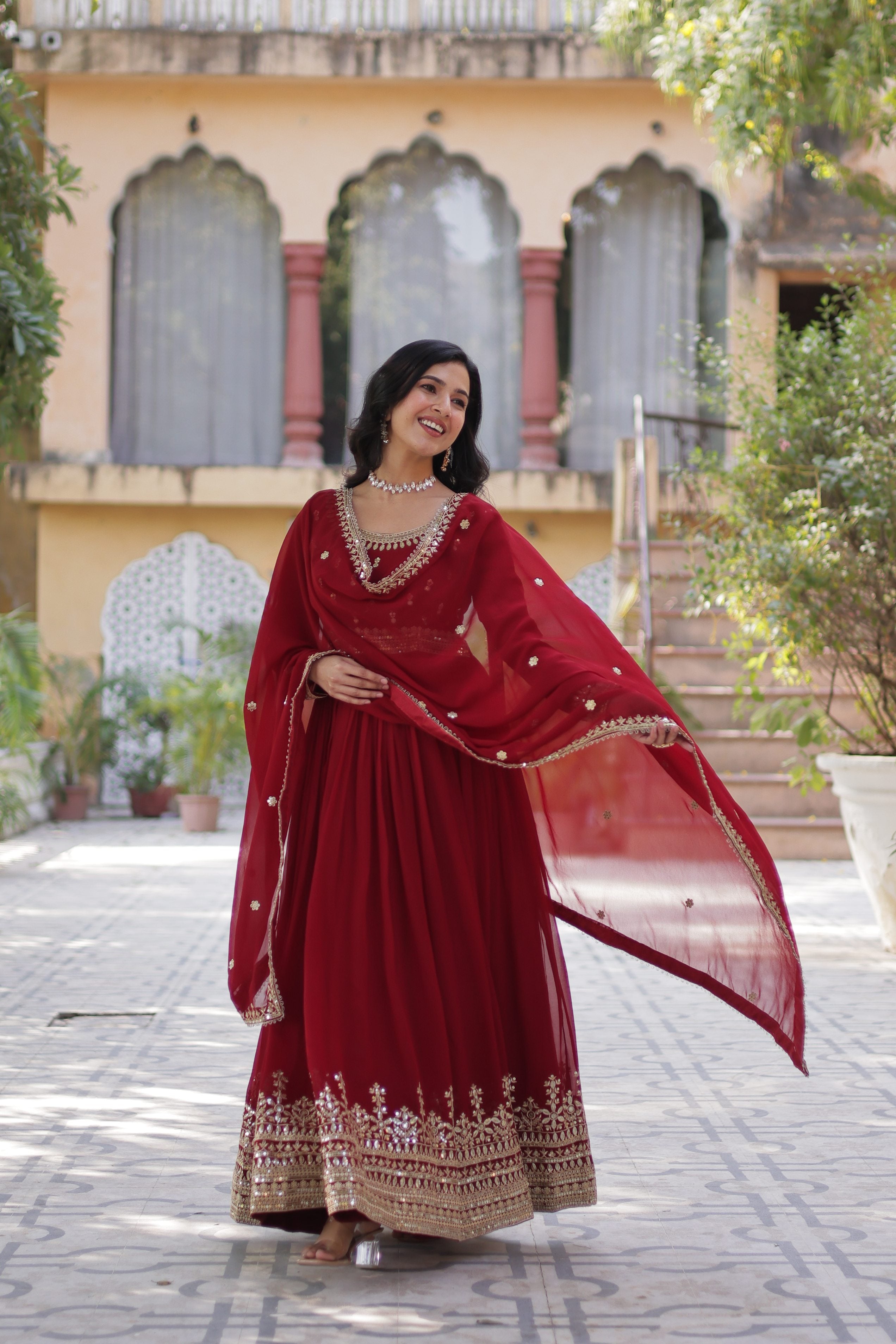 Jyoti Fashion Maroon Faux Blooming Embroidered Anarkali Set With Dupatta - Distacart