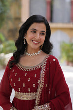 Thumbnail for Jyoti Fashion Maroon Faux Blooming Embroidered Anarkali Set With Dupatta - Distacart