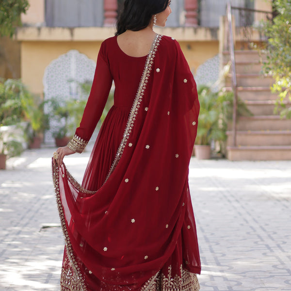Jyoti Fashion Maroon Faux Blooming Embroidered Anarkali Set With Dupatta - Distacart