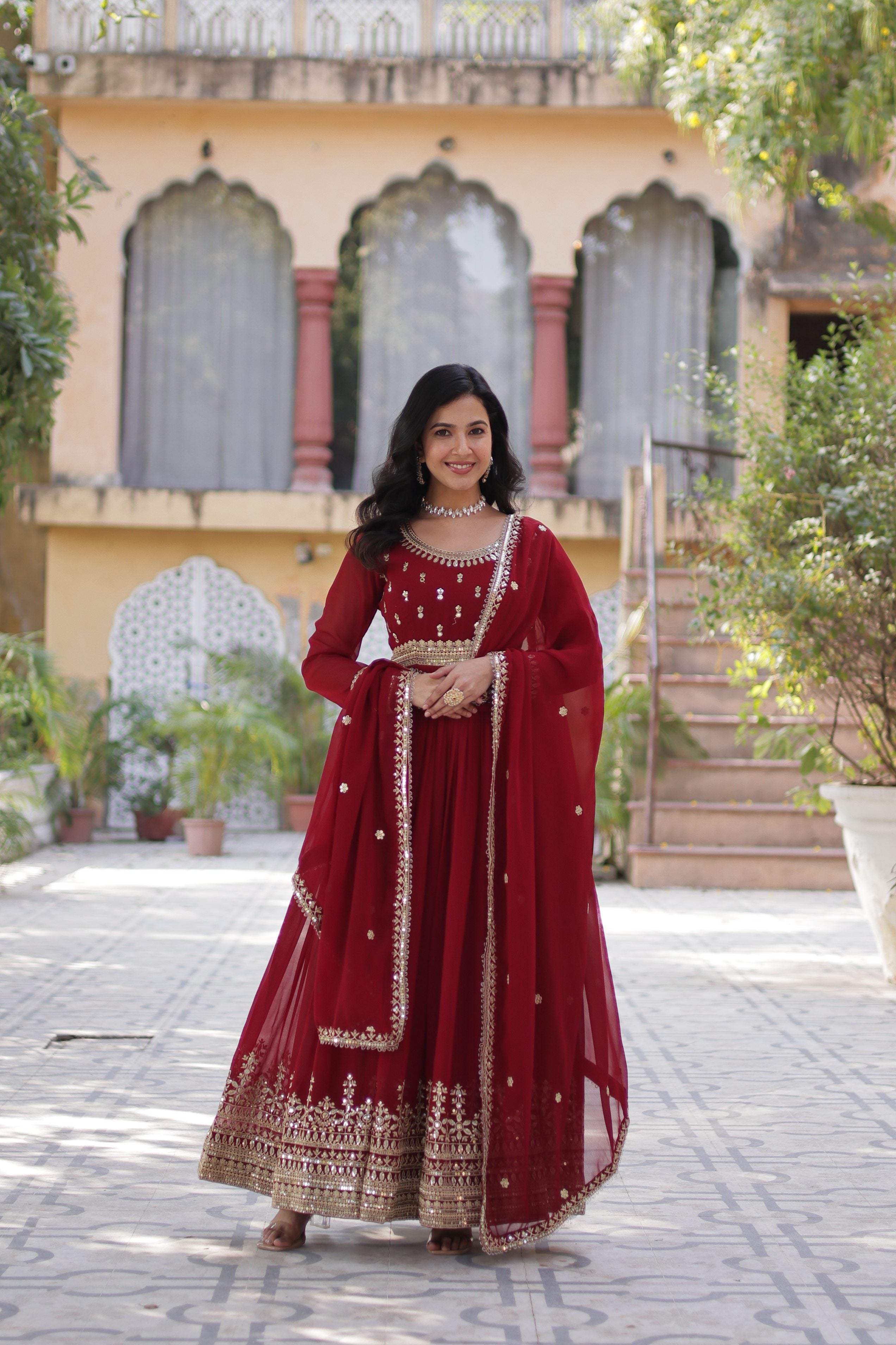 Jyoti Fashion Maroon Faux Blooming Embroidered Anarkali Set With Dupatta - Distacart