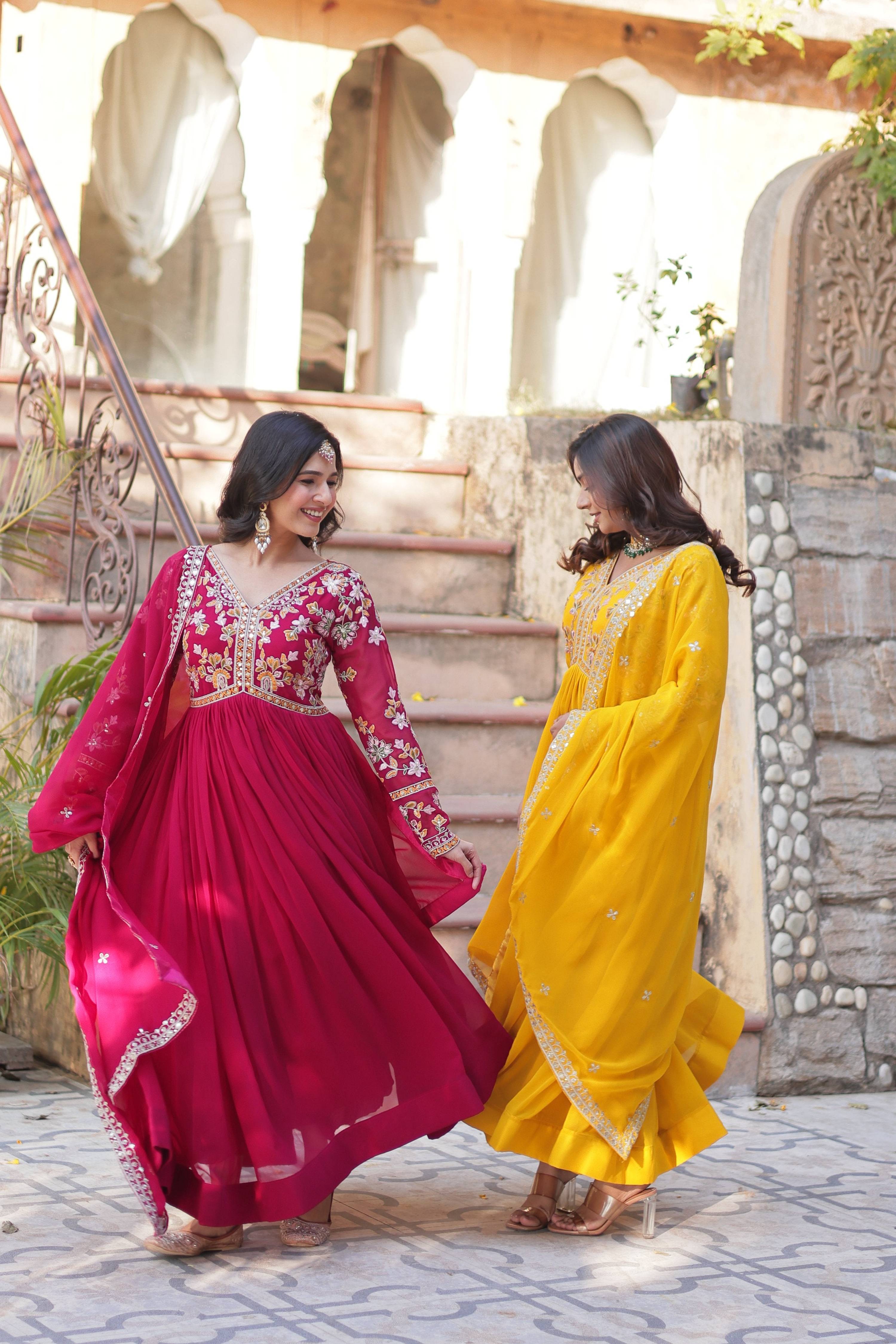 Jyoti Fashion Pink & Yellow Faux Blooming Embroidered Anarkali Set With Dupatta - Distacart