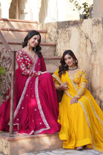 Thumbnail for Jyoti Fashion Pink & Yellow Faux Blooming Embroidered Anarkali Set With Dupatta - Distacart