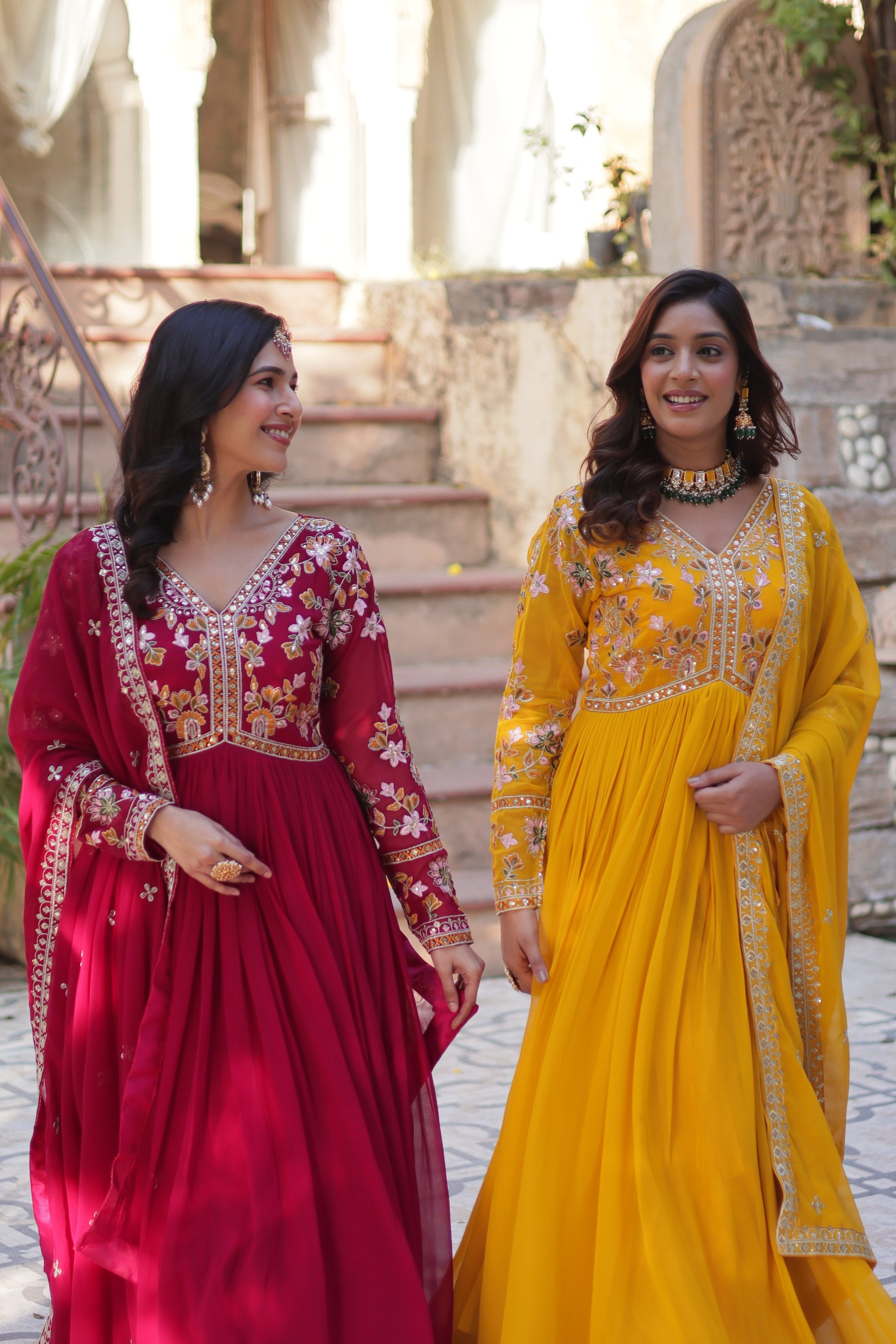 Jyoti Fashion Pink & Yellow Faux Blooming Embroidered Anarkali Set With Dupatta - Distacart