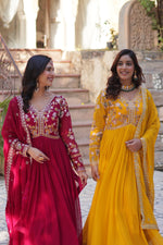Thumbnail for Jyoti Fashion Pink & Yellow Faux Blooming Embroidered Anarkali Set With Dupatta - Distacart