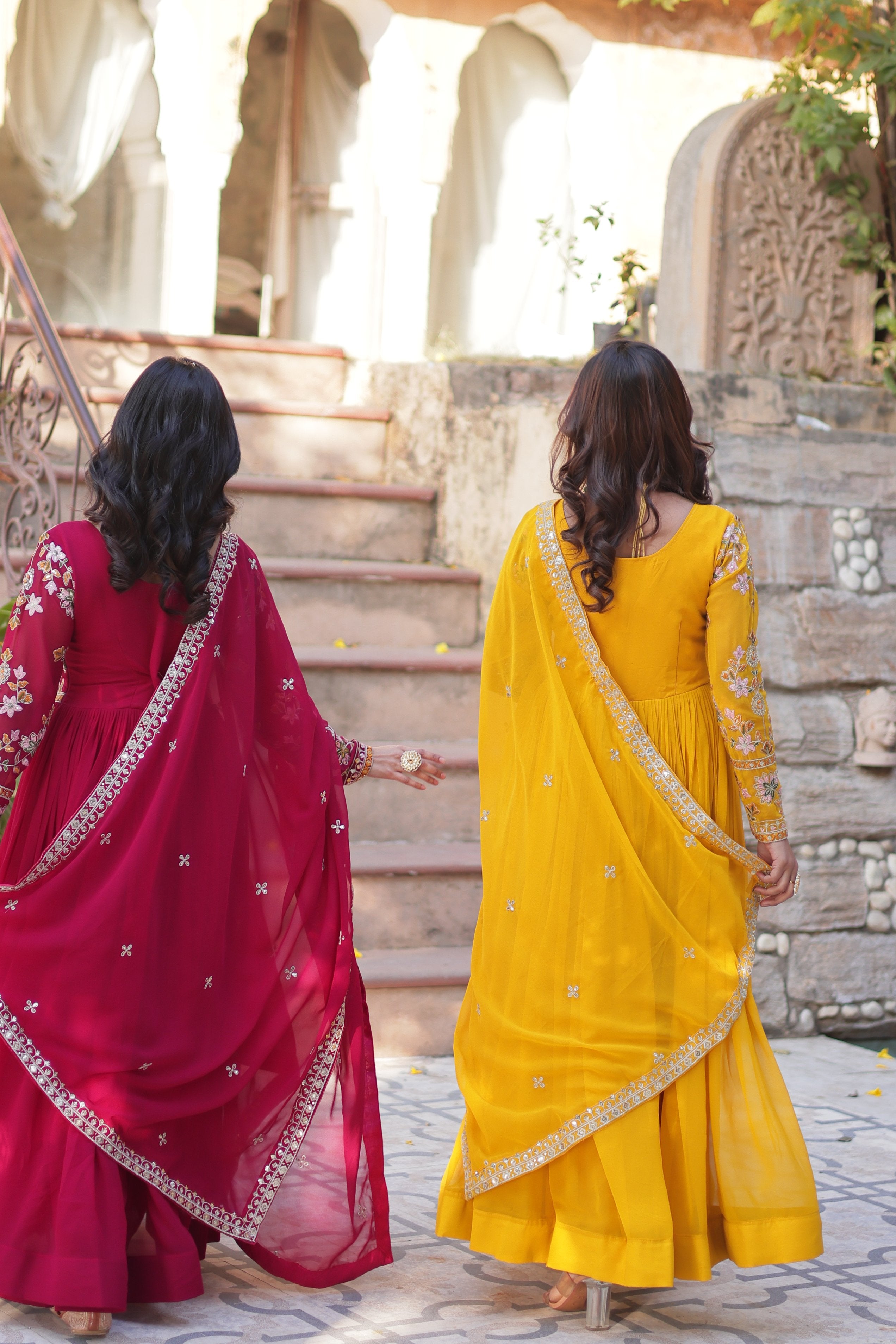 Jyoti Fashion Pink & Yellow Faux Blooming Embroidered Anarkali Set With Dupatta - Distacart