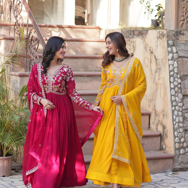 Jyoti Fashion Pink & Yellow Faux Blooming Embroidered Anarkali Set With Dupatta - Distacart
