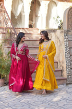 Thumbnail for Jyoti Fashion Pink & Yellow Faux Blooming Embroidered Anarkali Set With Dupatta - Distacart