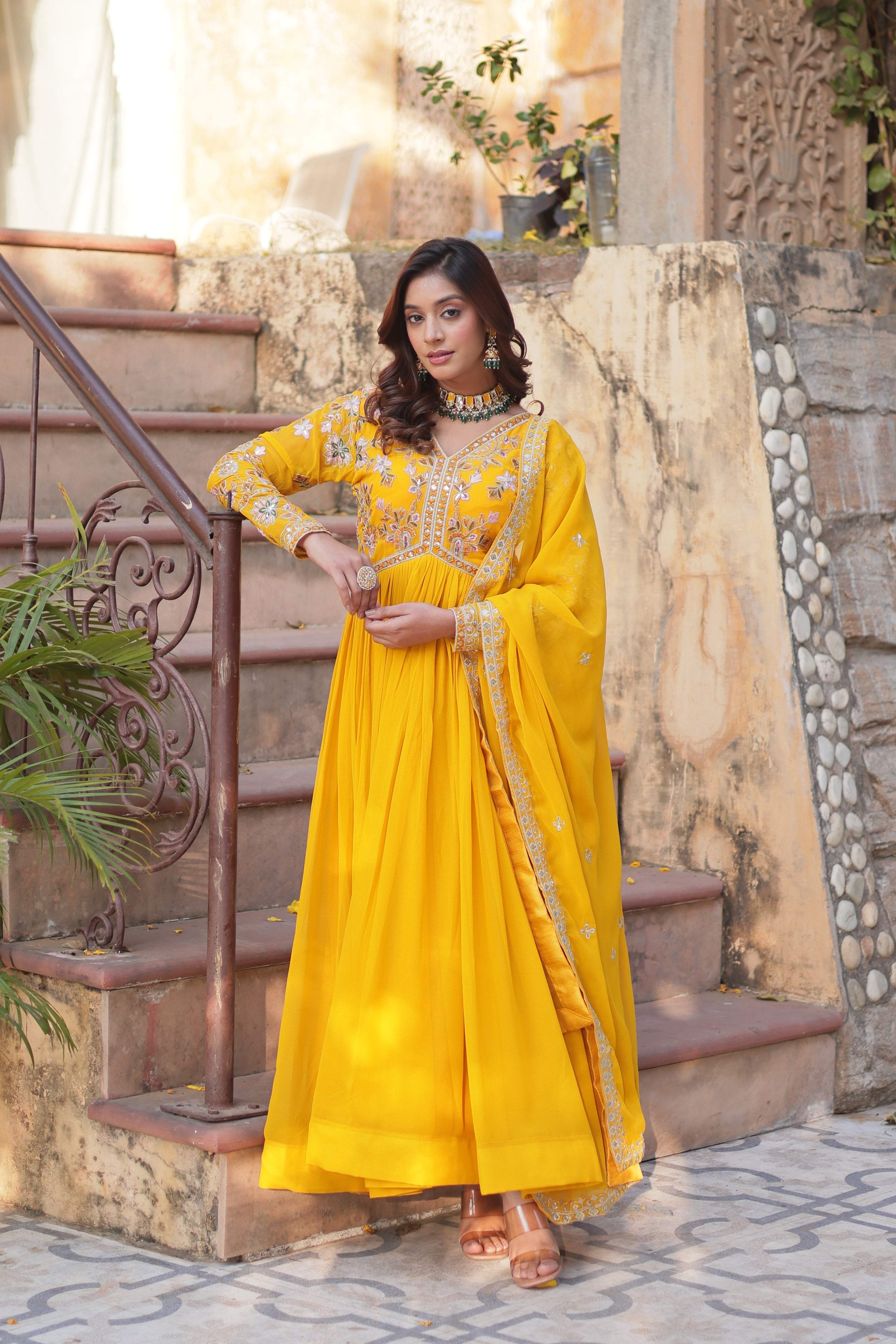 Jyoti Fashion Yellow Faux Blooming Embroidered Anarkali Set With Dupatta - Distacart