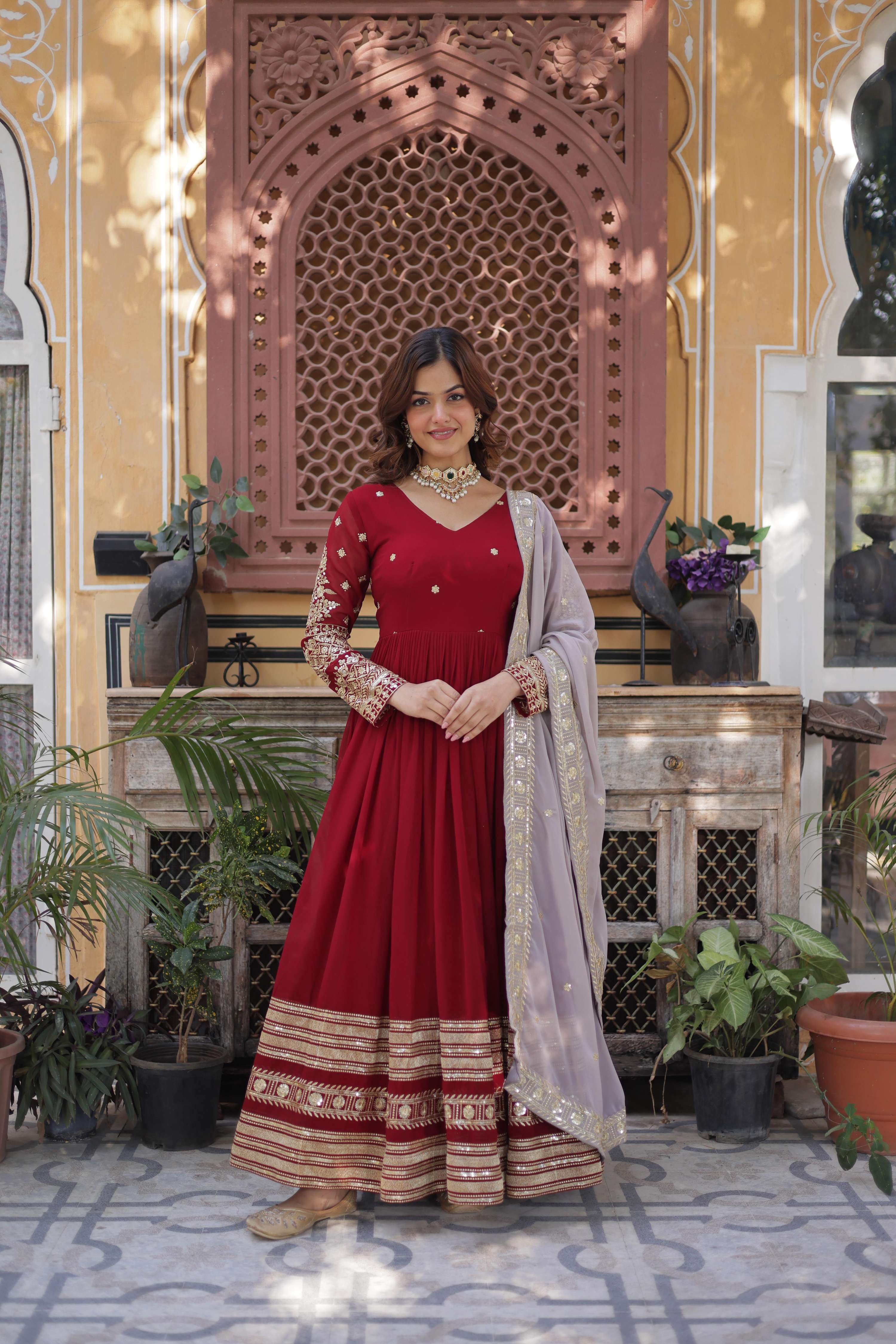 Jyoti Fashion Maroon Faux Blooming Embroidered Anarkali Set With Dupatta - Distacart