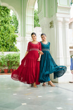 Thumbnail for Jyoti Fashion Maroon & Rama Faux Blooming Beads Embroidered Anarkali Set - Distacart