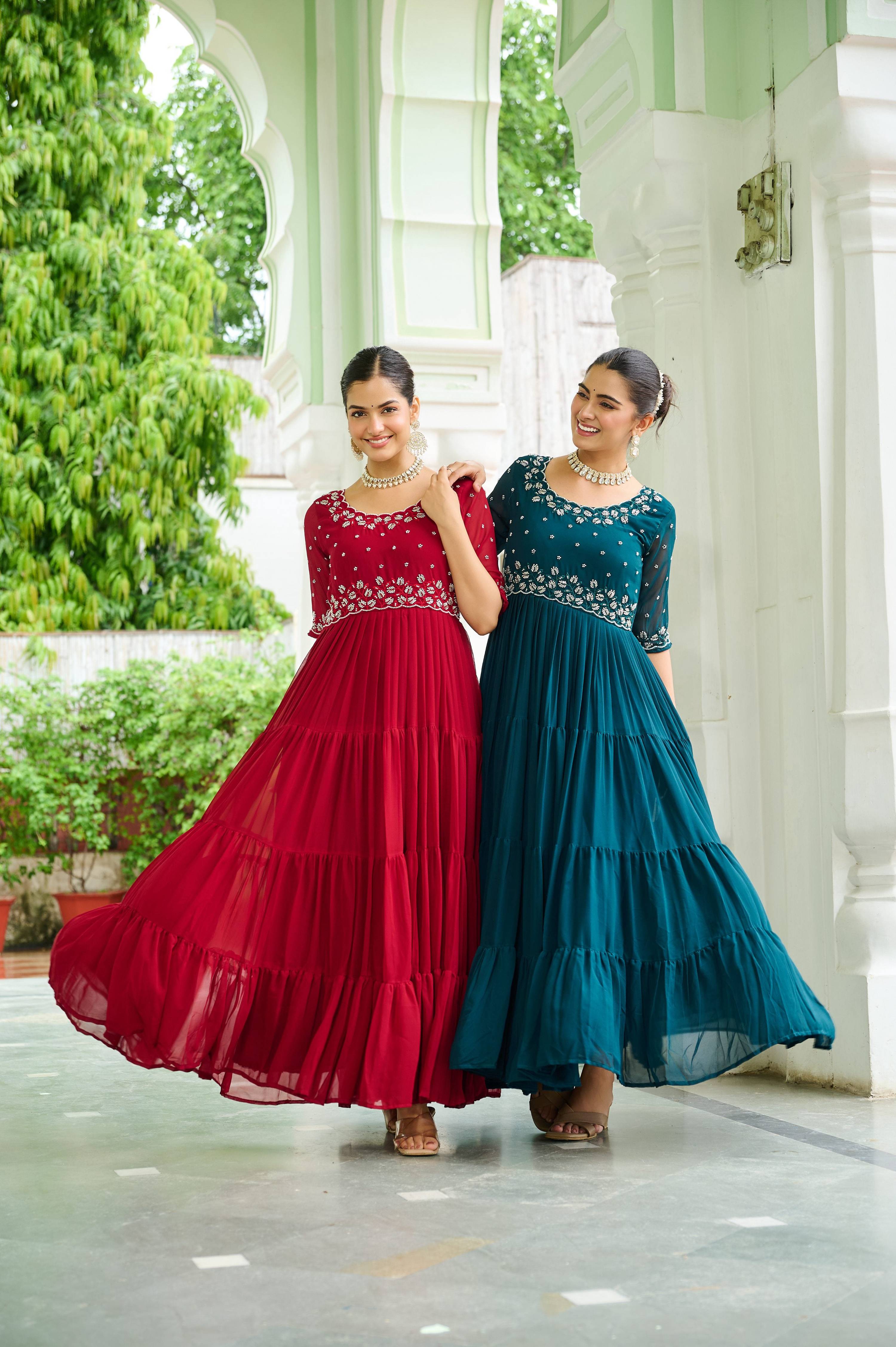 Jyoti Fashion Maroon & Rama Faux Blooming Beads Embroidered Anarkali Set - Distacart