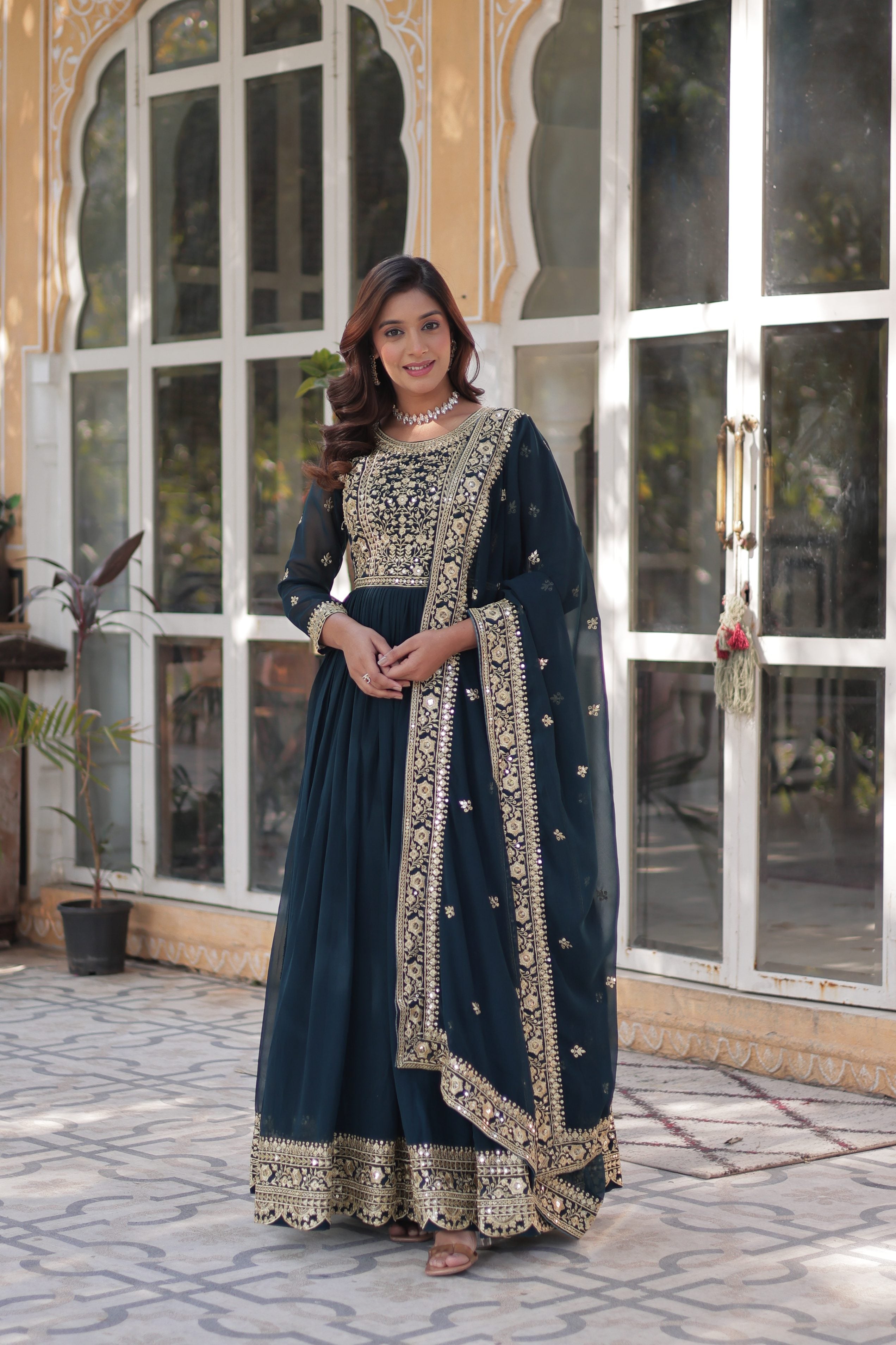 Jyoti Fashion Rama Faux Blooming Embroidered Anarkali Set with Dupatta - Distacart