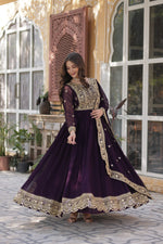 Thumbnail for Jyoti Fashion Wine Faux Blooming Embroidered Anarkali Set with Dupatta - Distacart