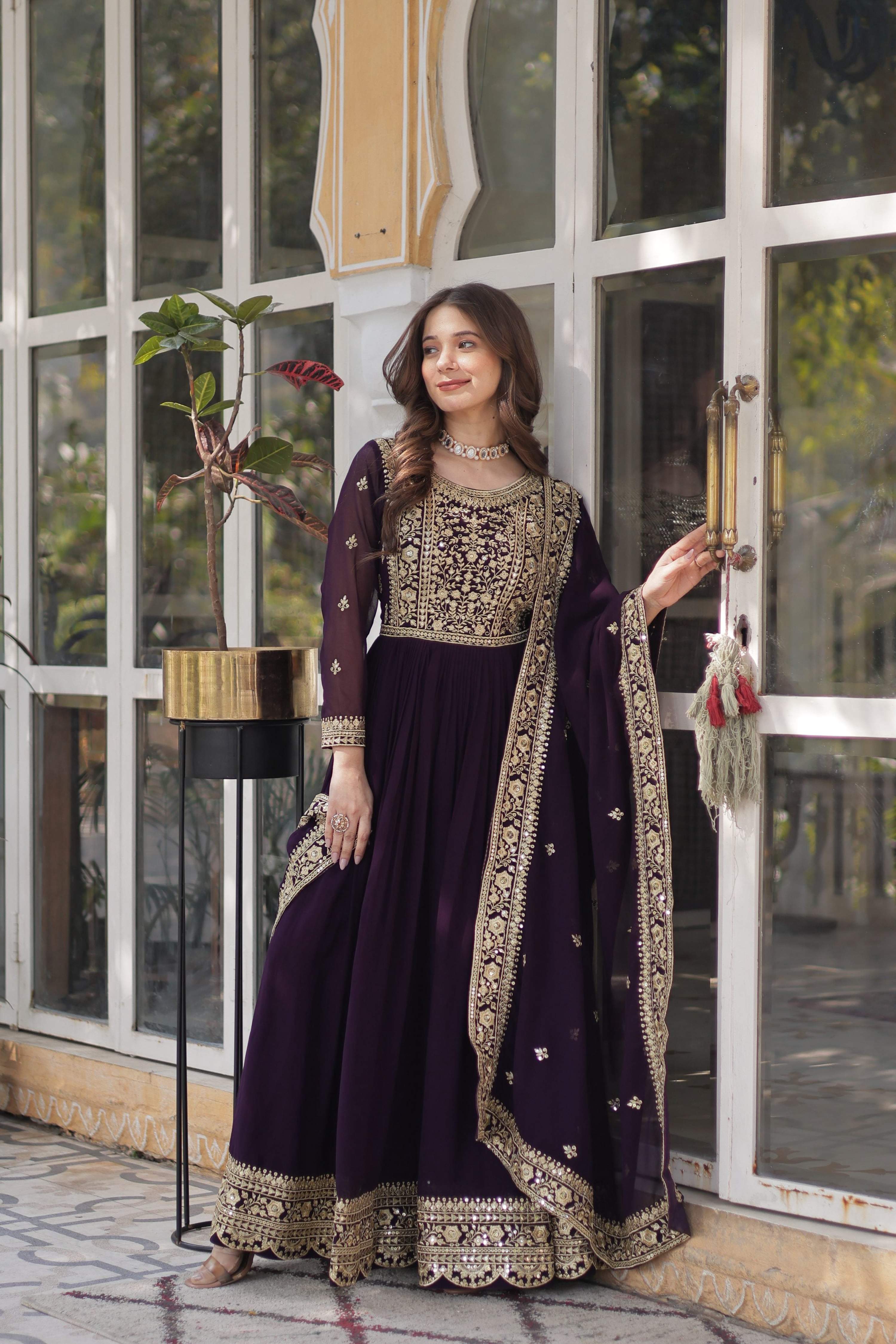 Jyoti Fashion Wine Faux Blooming Embroidered Anarkali Set with Dupatta - Distacart