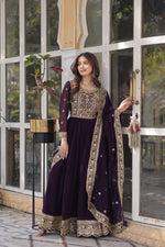 Thumbnail for Jyoti Fashion Wine Faux Blooming Embroidered Anarkali Set with Dupatta - Distacart