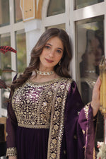 Thumbnail for Jyoti Fashion Wine Faux Blooming Embroidered Anarkali Set with Dupatta - Distacart
